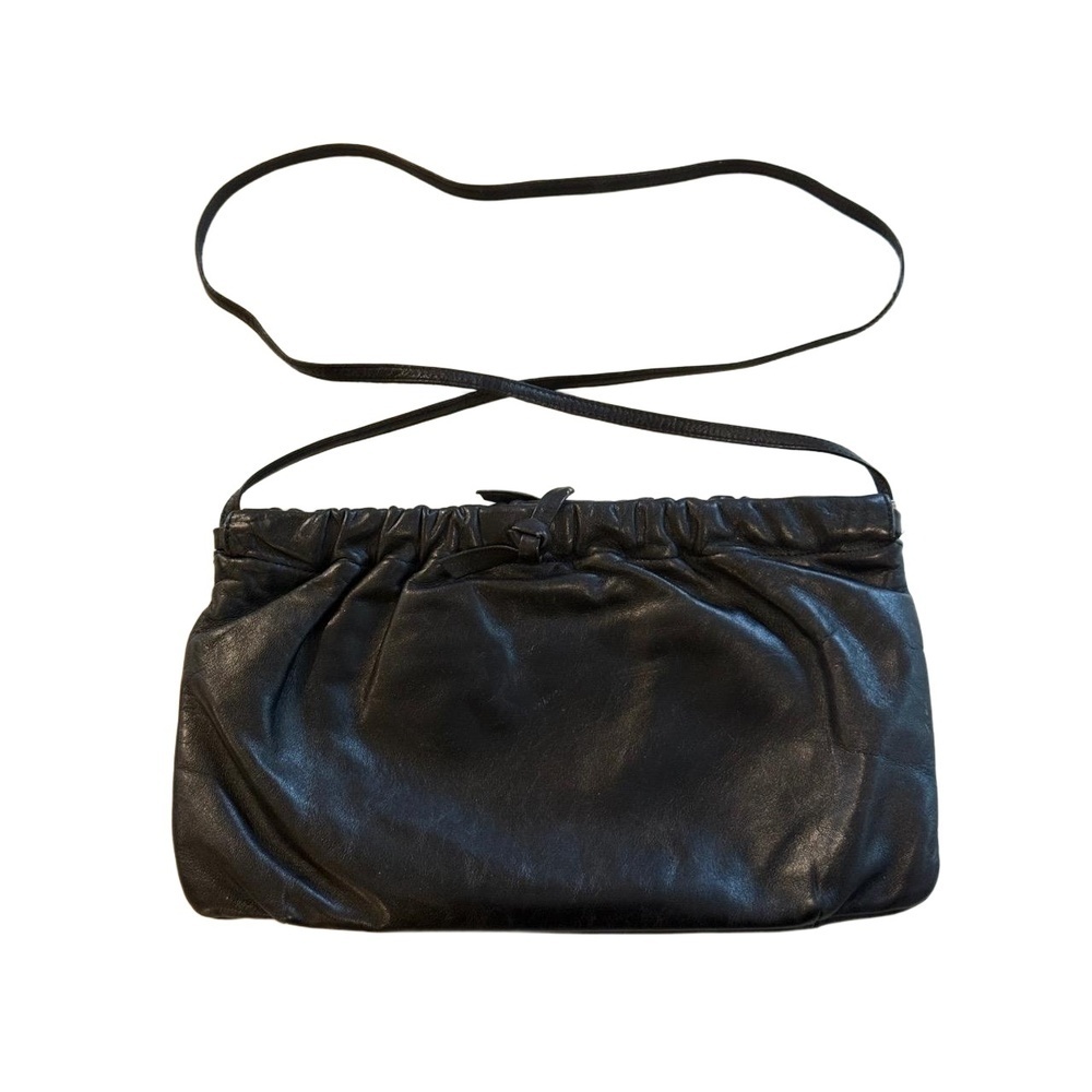 Vintage ANNE KLEIN by Calderon Black Leather Handbag Clutch Gathered Snap Top - Picture 2 of 9